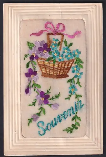 Seidenstick-AK Blumenkorb mit Schleife, Souvenir