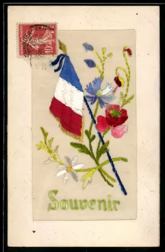 Seidenstick-AK Französische Flagge mit Blumen, Souvenir