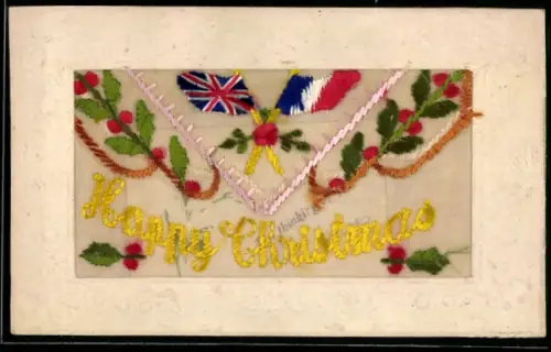 Seidenstick-AK Flaggen mit Zweigen, Weihnachtsgruss