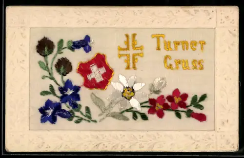 Seidenstick-AK Turner Gruss, Wappen mit Alpenblumen