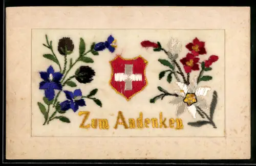 Seidenstick-AK Zum Andenken, Wappen mit Alpenblumen