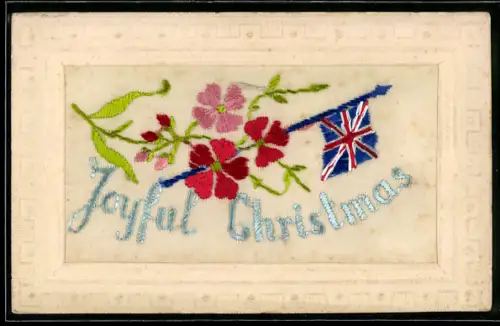 Seidenstick-AK Britische Flagge mit Blumen, Weihnachtsgruss