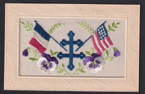 Seidenstick-AK Propaganda Entente, Flaggen von Frankreich und den USA mit Patriarchenkreuz