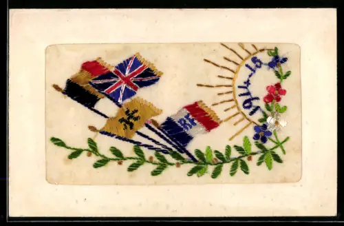 Seidenstick-AK Britische Flagge und Sonne, 1914-15