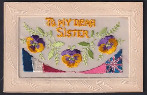 Seidenstick-AK Stiefmütterchen mit Flaggen, To my dear Sister