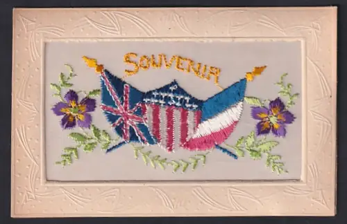 Seidenstick-AK Wappen mit Flaggen und Blumen, Souvenir