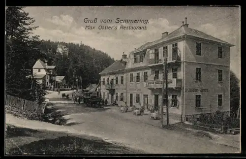 AK Semmering, Restaurant von Max Ostler, Strasse mit Fuhrwerk und Häusern