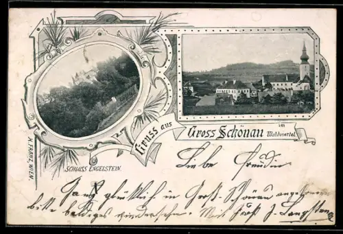 AK Gross Schönau im Waldviertel, Schloss Engelstein und Ortsansicht mit Kirche