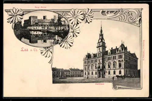 AK Laa a. Th., Stadthaus und Sparkasse, Burgruine