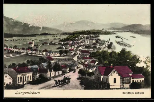 AK Langenlebarn, Panorama mit Fluss, Brücke und Kirche