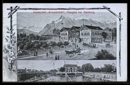 AK Maxglan bei Salzburg, Kuranstalt Kreuzbrückl, Kurhaus und Badeanstalt mit Bergpanorama