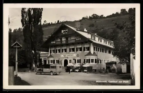 AK Mittersill, Post-Gasthof mit Post-Kraftwagen