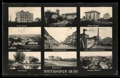 AK Mattighofen /Ob. Öst., Marktansicht, Bahnhof, Fabrik Vogel, Schulhaus, Seyrl-Dampfbrauerei, Kurhaus