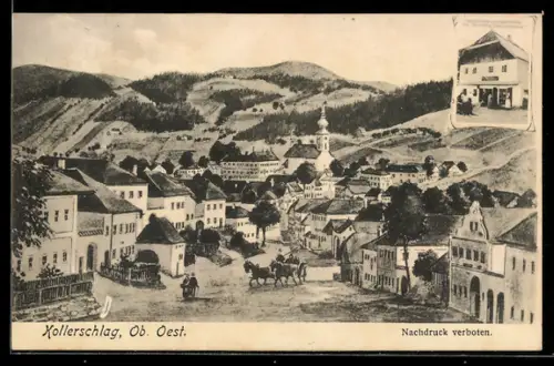 AK Kollerschlag /Ob. Oest., Panorama mit Kirche und Hauptstrasse, Gemischtwarenhandlung von Heinrich Rampelsteiner