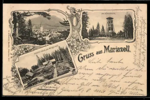 AK Mariazell, Panorama mit Basilika, Aussichtsturm und Schutzhaus am Bürgeralpl