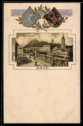 Künstler-AK Graz, Ortsansicht mit Schlossberg und Wappen