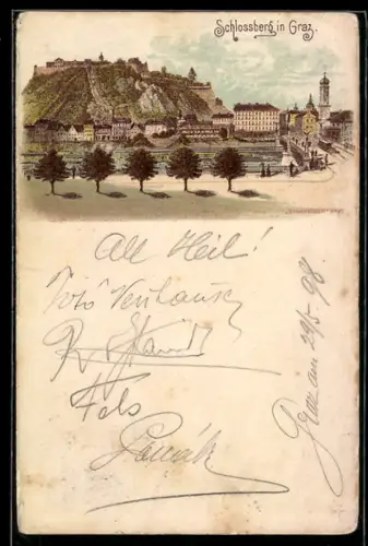Lithographie Graz, Schlossberg mit Stadtansicht
