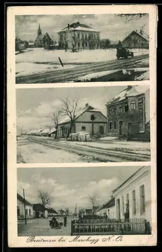 AK Breitensee bei Marchegg, Dreiteilige Ansicht, Dorfstrasse, Kirche, Häuser im Schnee