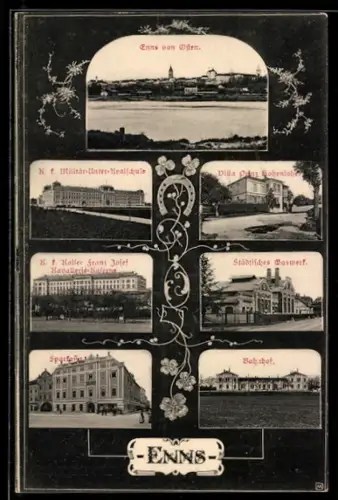 AK Enns, Mehrbildkarte mit Panorama, Militär-Unter-Realschule, Sparkasse, Bahnhof