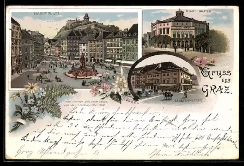 Lithographie Graz, Hauptplatz mit Brunnen, Stadt-Theater, Landes-Theater