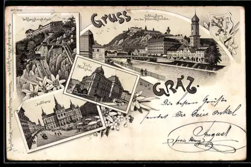 Lithographie Graz, Panorama mit Schlossberg und Mur