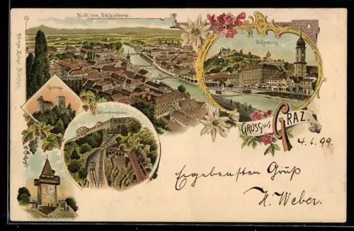 Lithographie Graz, Panorama mit Mur, Schlossberg und Uhrturm