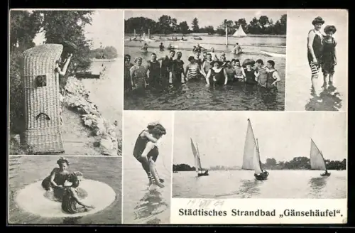 AK Wien, Städtisches Strandbad Gänsehäufel, Badegäste und Segelboote