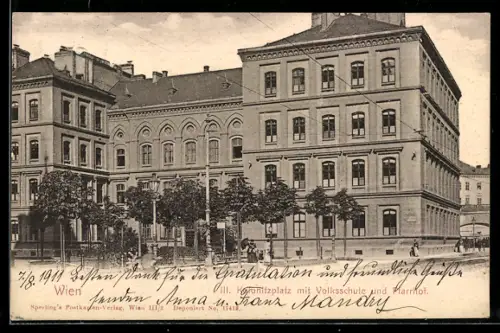 AK Wien, Kolonitzplatz mit Volksschule und Pfarrhof