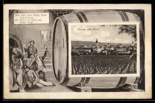 AK Retz, Panorama mit Weinbergen und Stadtansicht