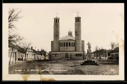 AK Andau /N. D., Hauptstrasse mit Kriegerdenkmal