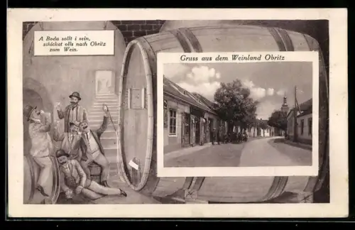 AK Obritz, Strasse mit Kirche, Weintrinker im Passepartout