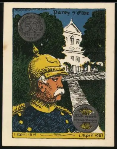 Notgeld Parey a. Elbe 1921, 50 Pfennig, Bismarck vor Gebäude und Bäumen