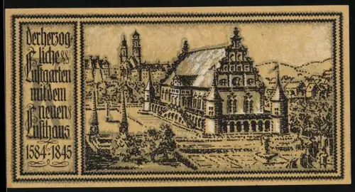 Notgeld Stuttgart 1922, 50 Pfennig, Herzoglicher Lustgarten und springendes Pferd mit Wappen