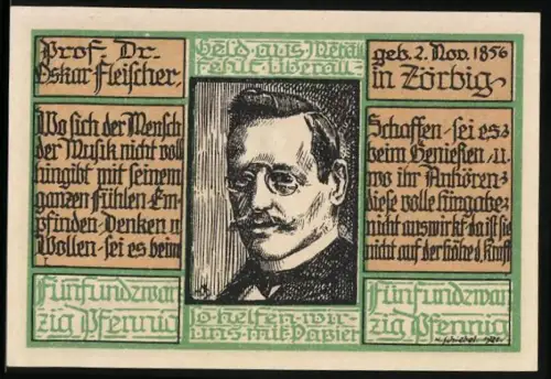 Notgeld Zörbig, 25 Pfennig, Porträt von Prof. Dr. Oskar Fleischer und geflügeltes Wappen