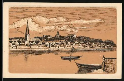 Notgeld Lauenburg a. d. Elbe, 10 Pfennig, Ortsansicht mit Booten, Wappen mit Burg