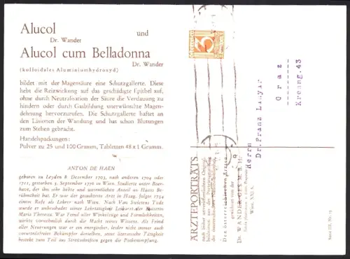 Klapp-AK Reklame für Alucol cum Belladonna von Dr. Wander gegen Hyperacidität mit Portrait von Anton de Haen