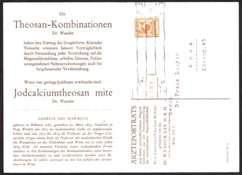 Klapp-AK Reklame für Medikament Theosan gegen Hypertonie von Dr. Wander mit Portrait von Andreas Joh. Wawruch