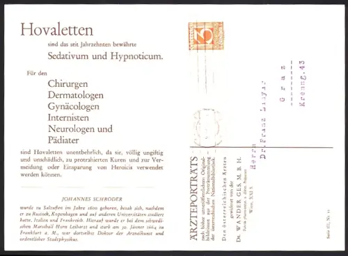 Klapp-AK Reklame für Sedativum Hovaletten von Dr. Wander mit Vita von Johannes Schröder