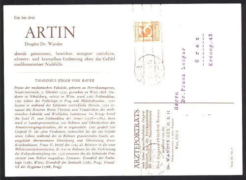 Klapp-AK Reklame für Medikament Artin von Dr. Wander mit Portrait und Biographie von Thaddäus Edler von Bayer