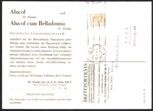 Klapp-AK Reklame für Medikament Alucol cum Belladonna von Dr. Wander mit Portrait von Wolfgang Plöckner