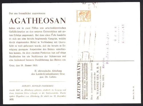 AK Reklame für Medikament Agatheosan von Dr. Wander mit Portrait von Johann Arnold Friderici