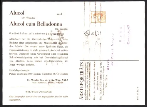 Klapp-AK Reklame für Medikament Alucol cum Belladonna von Dr. Wander mit Portrait von Wolfgang Plöckner