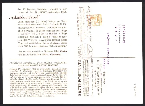Klapp-AK Reklame für Medikament Cestodin von Dr. Wander mit Portrait von Philippus Aureolus Paracelsus