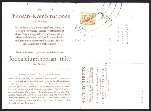 Klapp-AK Reklame für Theosan-Kombinationen von Dr. Wander mit Portrait von Georg Franck von Frankenau