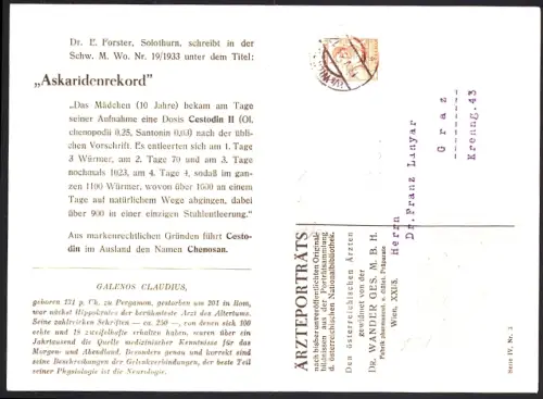 Klapp-AK Reklame für Medikament Cestodin von Dr. Wander gegen Askariden mit Portrait von Galenos Claudius