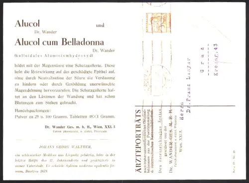 Klapp-AK Reklame für Medikament Alucol cum Belladonna von Dr. Wander mit Portrait von Johann Georg Walter