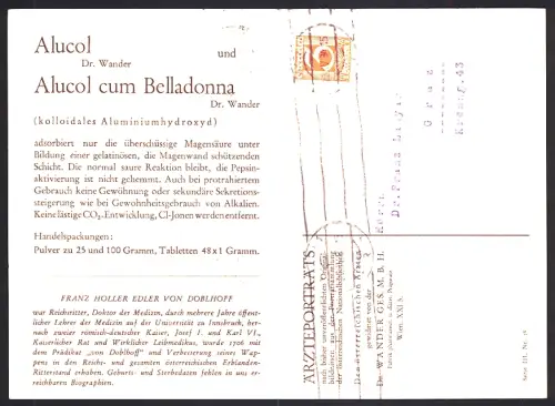 Klapp-AK Reklame für Medikament Alucol cum Belladonna von Dr. Wander mit Portrait von Franz Holler Edler von Doblhoff