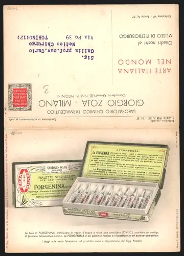 Klapp-AK Milano, Reklame für Stärkungsmittel La Forgenina von Giorgio Zoja und Portrait von Francesco Melzi