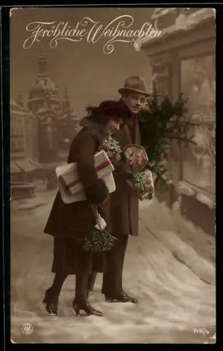 Foto-AK NPG Nr. 7416 /: Junges Paar mit Geschenken im Winter, Weihnachtsgruss