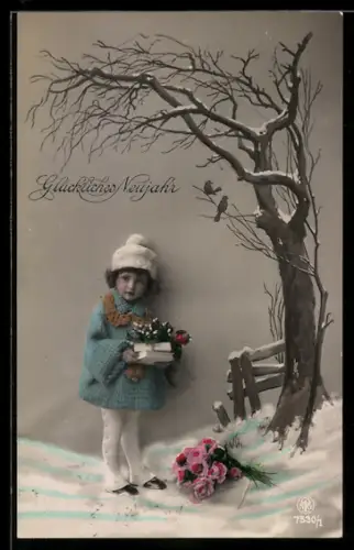 Foto-AK NPG Nr. 7530/1: Kind mit Geschenken im Winter, Neujahrsgruss